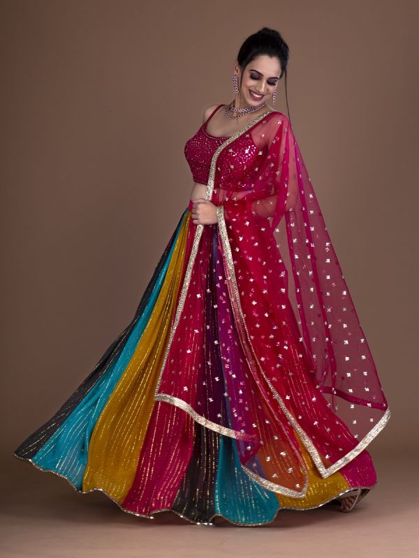 Multicolor Georgette Readymade Lehenga In Strips Zari Work And Silk Choli In Mirror Work With Net Tikki Work Dupatta