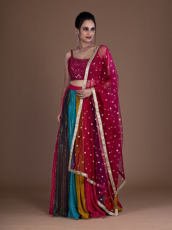 Multicolor Georgette Readymade Lehenga In Strips Zari Work And Silk Choli In Mirror Work With Net Tikki Work Dupatta