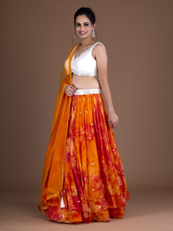 Orange Georgette Readymade Lehenga In Tie Dye Color With Mirror Work And White Choli In Silk Fabric Mirror Work Border With Net Dupatta