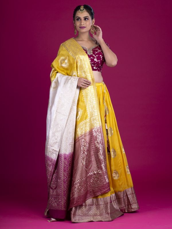 Yellow Georgette Readymade Lehenga In Zari Weaving Work And Silk Maroon Choli In Pita Work With Banarasi Silk Weaving Dupatta