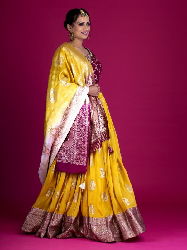 Yellow Georgette Readymade Lehenga In Zari Weaving Work And Silk Maroon Choli In Pita Work With Banarasi Silk Weaving Dupatta