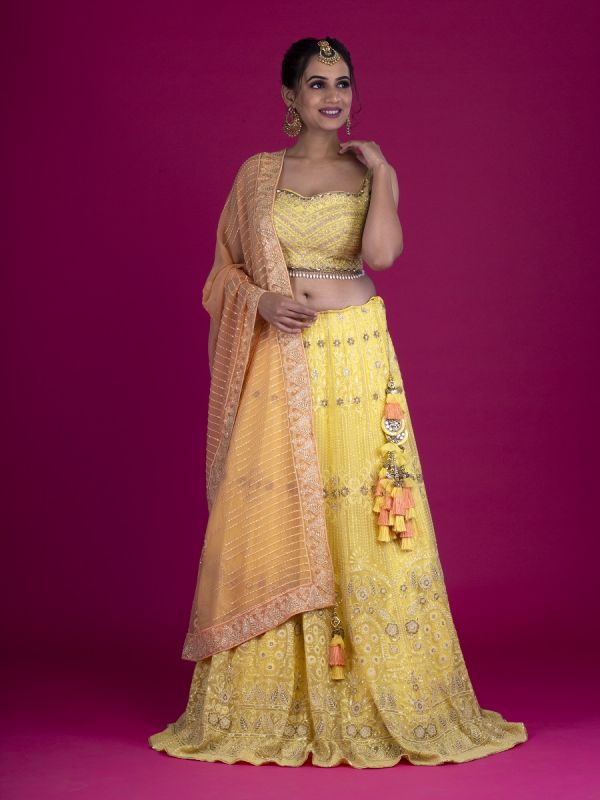 Yellow Georgette Readymade Lehenga In Lakhnavi Work And Choli In Silk Resham Zari And Moti Work With Georgette Resham Dupatta