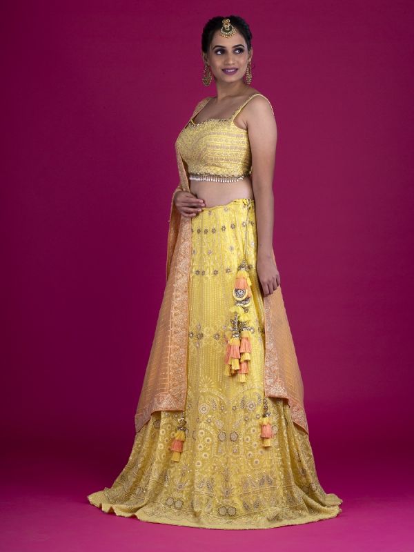Yellow Georgette Readymade Lehenga In Lakhnavi Work And Choli In Silk Resham Zari And Moti Work With Georgette Resham Dupatta
