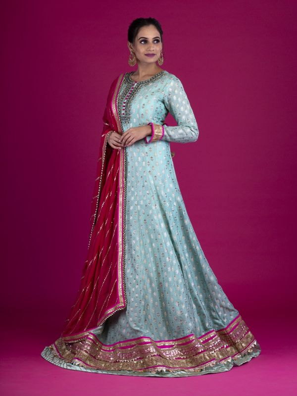 Blue Satin Anarkali Gown In Zardosi Cutdana And White Moti Work With Satin Dupatta 