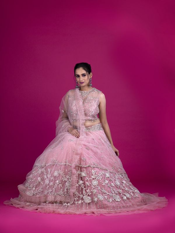 Pink Net Readymade Lehenga Choli In Resham Zari Work And Tikki With Frills Net Dupatta