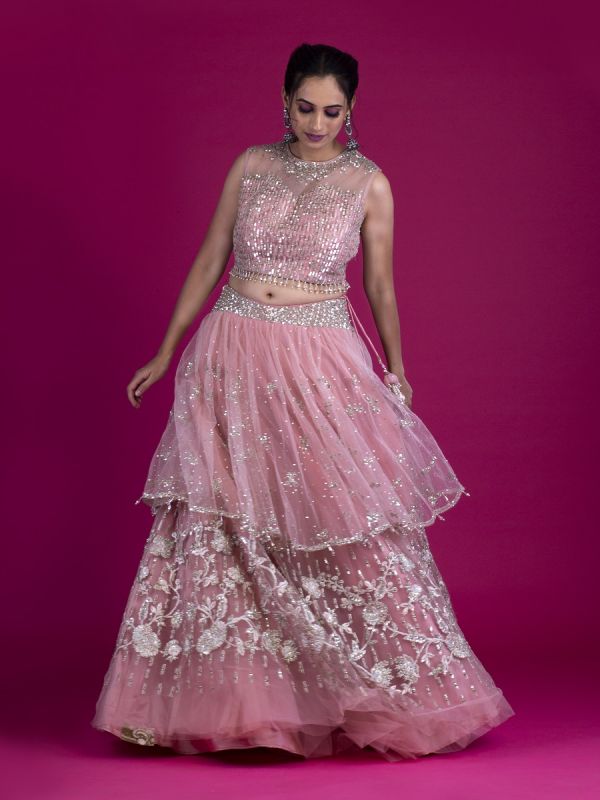 Pink Net Readymade Lehenga Choli In Resham Zari Work And Tikki With Frills Net Dupatta
