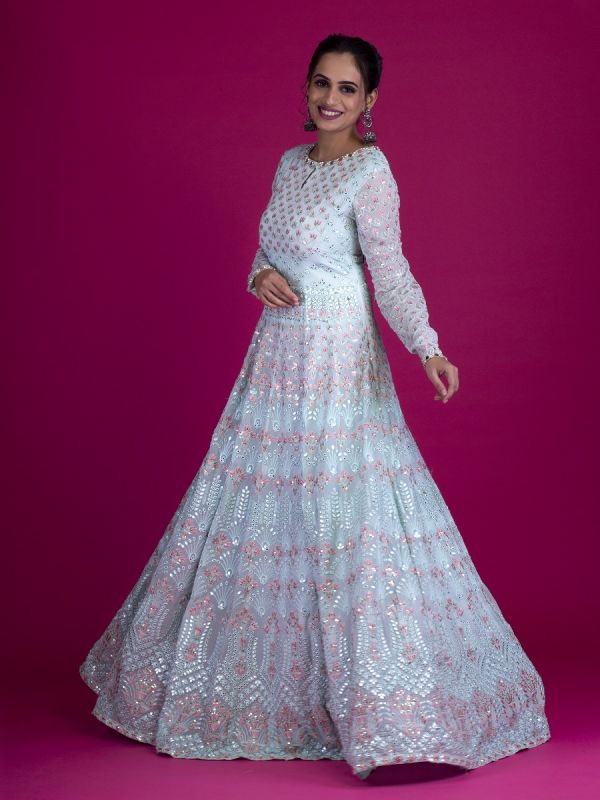 Blue Georgette Anarkali Gown In Multi Color Resham And Tikki Work With Georgette Dupatta
