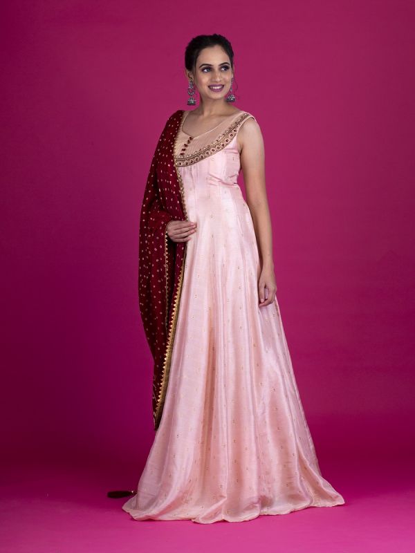 Baby Pink Silk Anarkali Gown In Banarasi Weaving Cutdana And Resham Work With Bandhani Gaji Silk Dupatta