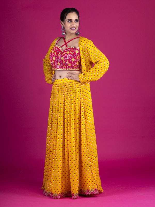Yellow Georgette Jacket Style Lehenga In Resham And Zari Weaving With Silk Choli In Mirror And Resham Work