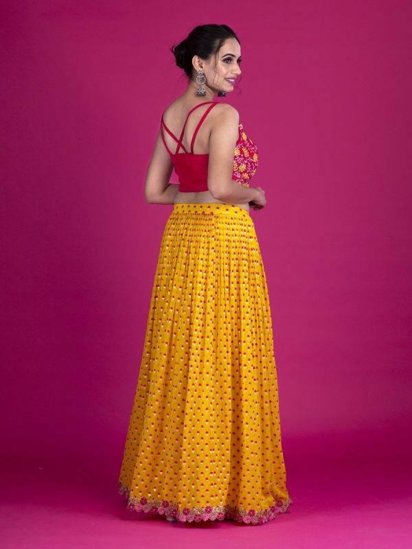 Yellow Georgette Jacket Style Lehenga In Resham And Zari Weaving With Silk Choli In Mirror And Resham Work
