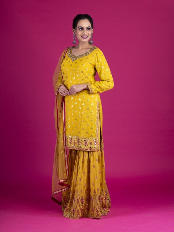 Yellow Georgette Gharara Suit In Zardosi With Tikki Work And  Bottom In Satin Fabric In Reshamand  Mirror Work With Net Dupatta