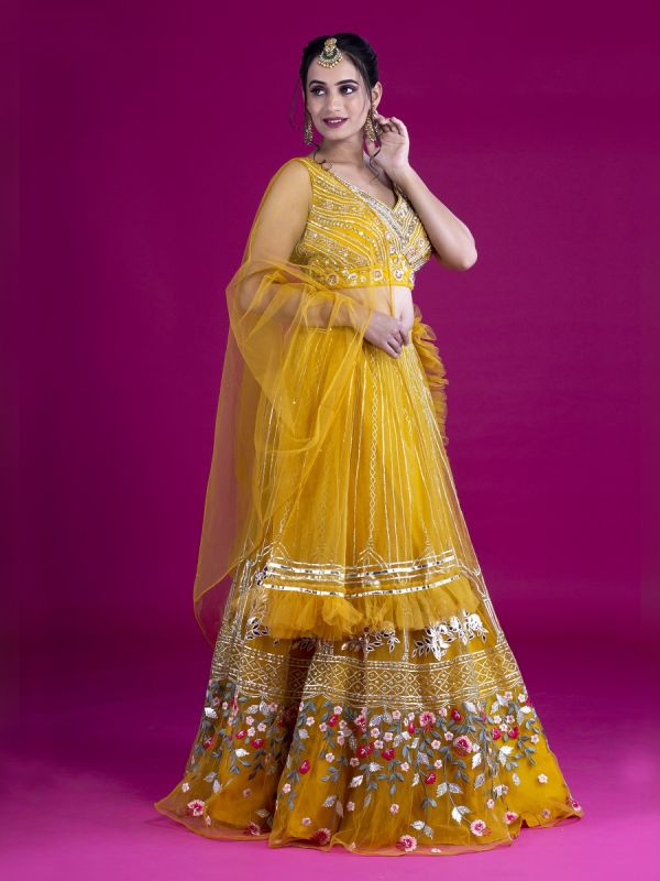 Yellow Net Readymade Lehenga In Leather Butta And Resham Work And Choli In Mirror Cutdana Moti Work With Net Dupatta