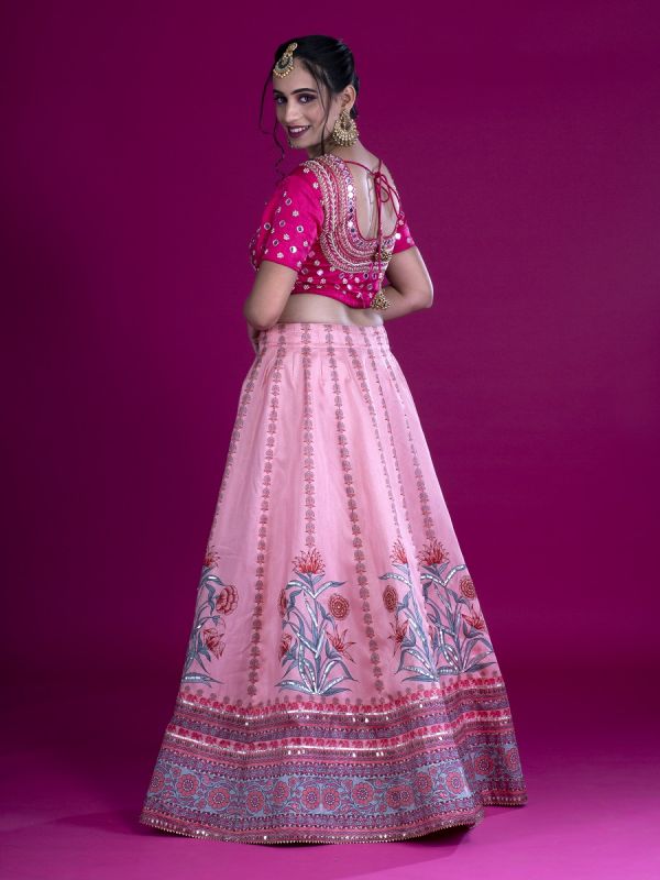 Pink Silk Readymade Lehenga Choli  In Printed And Gota Patti Work And Silk Choli In Mirror And Zardosi Work With Net Dupatta