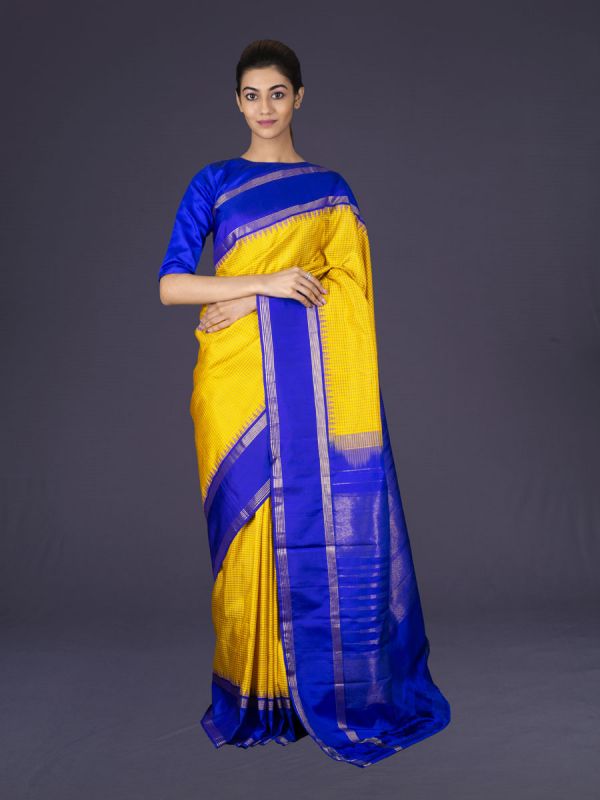 Yellow With Royal Blue Kanjivaram Silk Saree