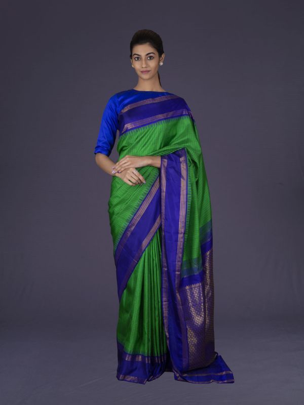 Green With Ink Blue Kanjivaram Silk Saree