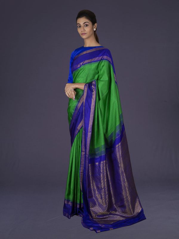 Green With Ink Blue Kanjivaram Silk Saree
