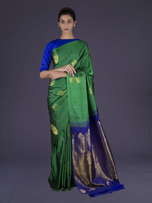 Green With Royal Blue Kanjivaram Silk Saree