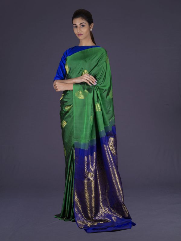 Green With Royal Blue Kanjivaram Silk Saree