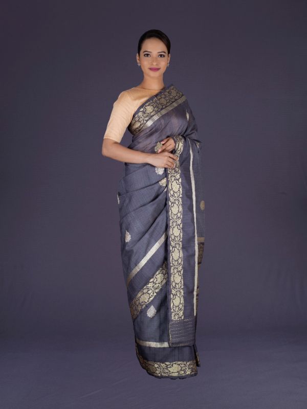 Grey Banarasi Tussar Silk Saree