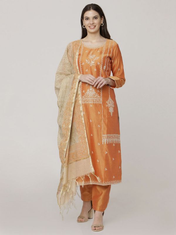 Bright Orange Chanderi Salwar Pant Set With Dori Work & Block Print Dupatta