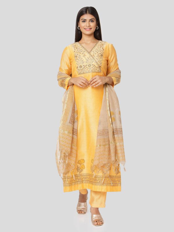 Marigold Yellow Chanderi Salwar Pant Set Done Hand & Machine Emboidery Work Comes With Block Print Dupatta