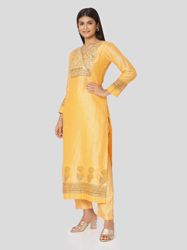 Marigold Yellow Chanderi Salwar Pant Set Done Hand & Machine Emboidery Work Comes With Block Print Dupatta