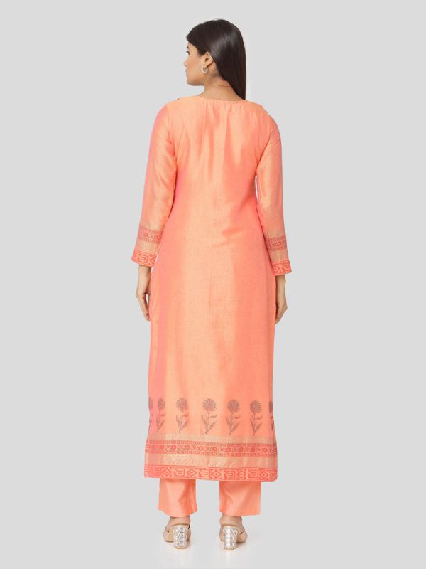 Coral Peach Chanderi Salwar Pant Set Done Hand & Machine Emboidery Work Comes With Block Print Dupatta