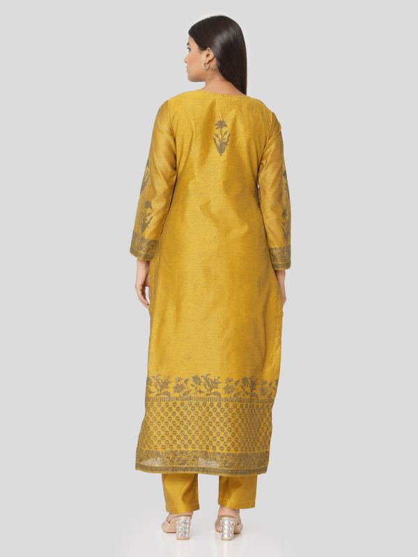 Goldenrod Mustard Chanderi Salwar Pant Set Done Hand & Machine Emboidery Work Comes With Block Print Dupatta