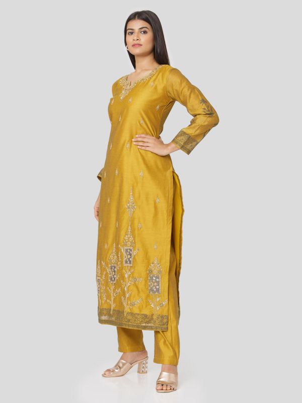 Goldenrod Mustard Chanderi Salwar Pant Set Done Hand & Machine Emboidery Work Comes With Block Print Dupatta
