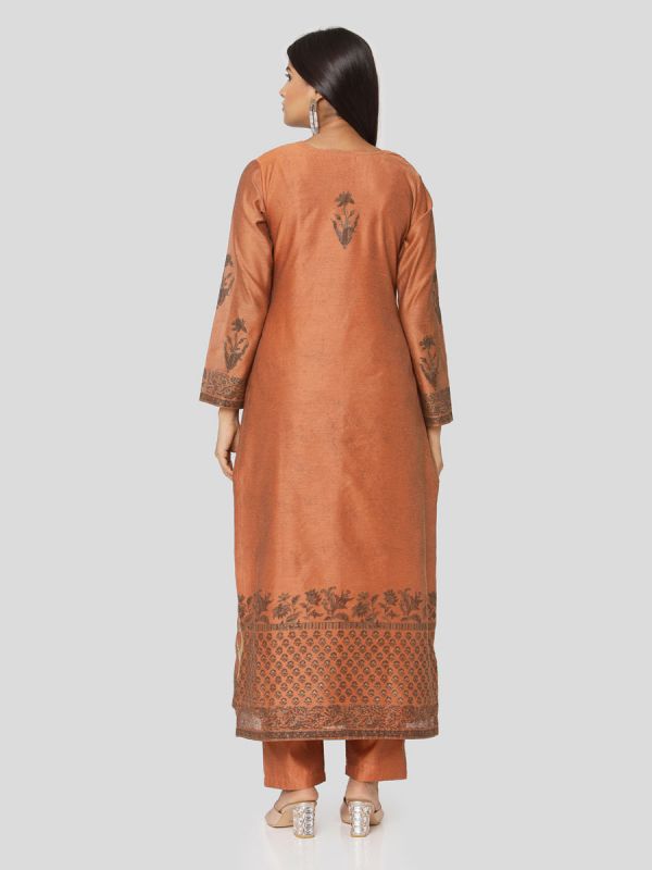 Copper Rust Chanderi Salwar Pant Set Done Hand & Machine Emboidery Work Comes With Block Print Dupatta