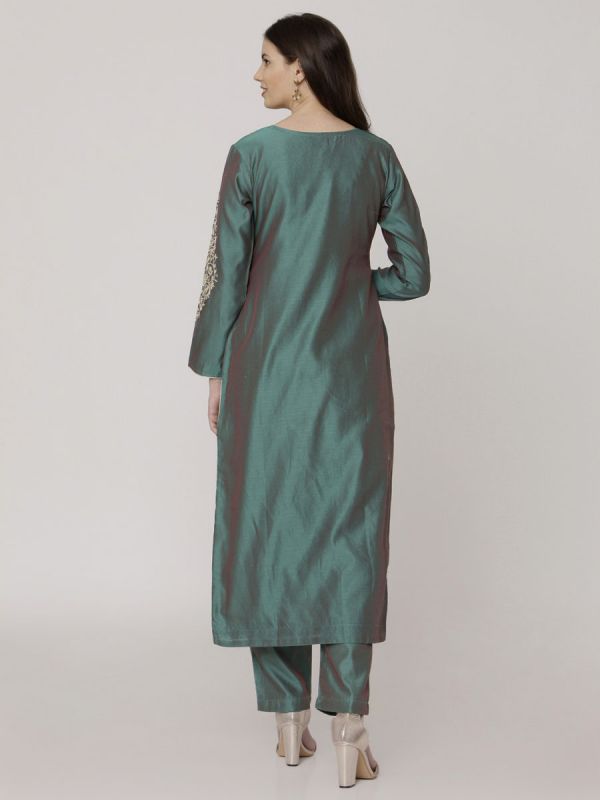 Teal Green Chanderi Readymade Salwar Pant Set With Dori Work & Block Print Dupatta