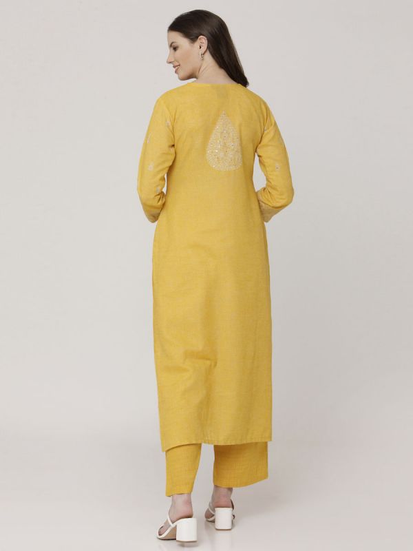 Mustard Yellow Cotton Handloom & Machine Embroidery Kurti Comes With Palazzo Pant
