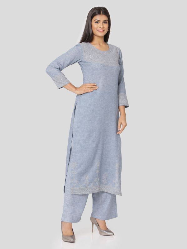 Doger Blue Cotton Handloom & Machine Embroidery Kurti Comes With Palazzo Pant