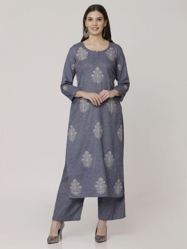 Indigo Blue Cotton Handloom & Machine Embroidery Kurti Comes With Palazzo Pant