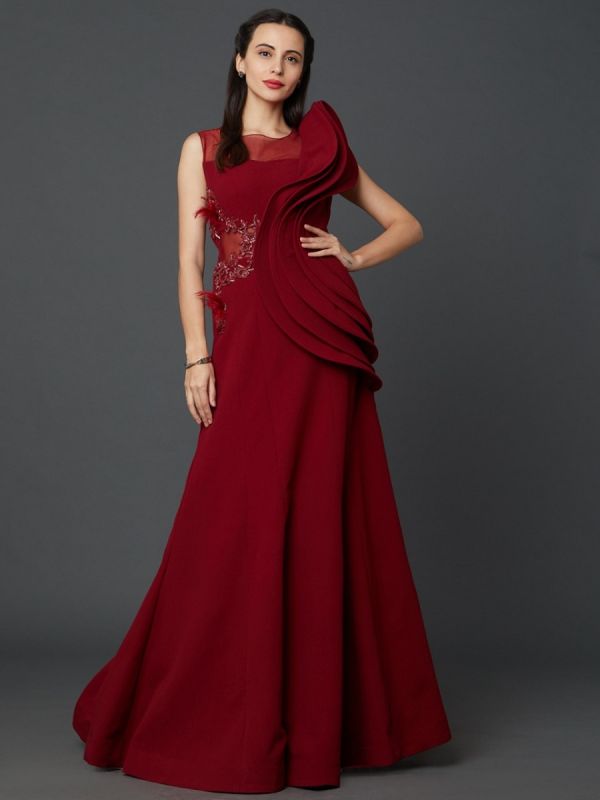 Burgundy Color Scuba Fabric Long Gown