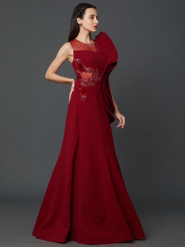 Burgundy Color Scuba Fabric Long Gown