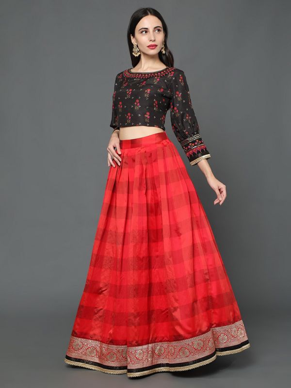 Red And Black Color Kora Silk Fabric Skirt Top