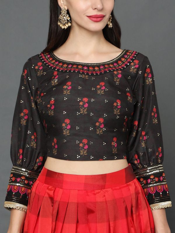 Red And Black Color Kora Silk Fabric Skirt Top