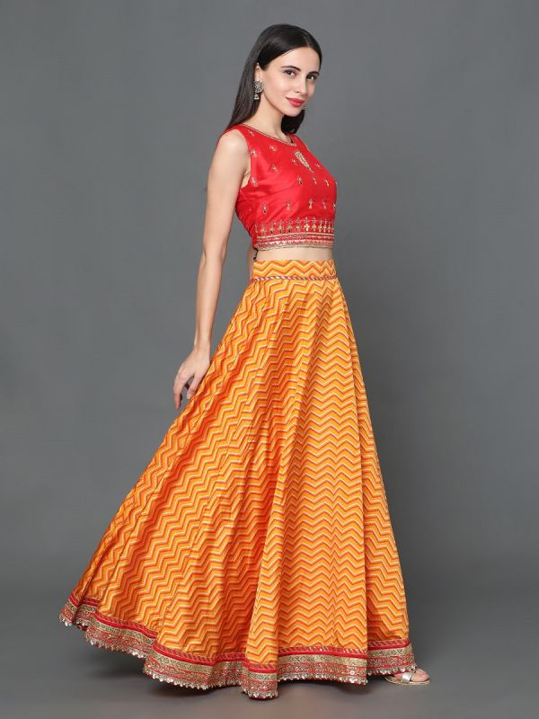 Orange And Yellow Color Silk Fabric Skirt Top