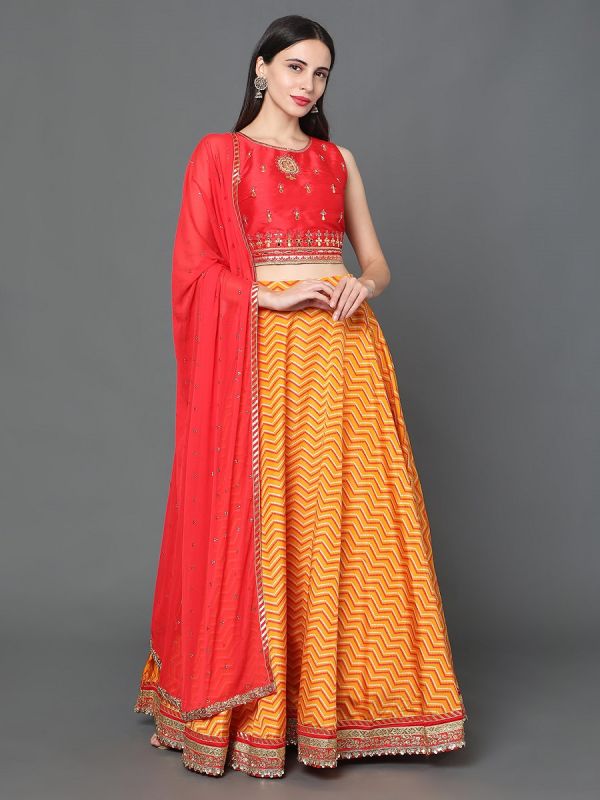 Orange And Yellow Color Silk Fabric Skirt Top
