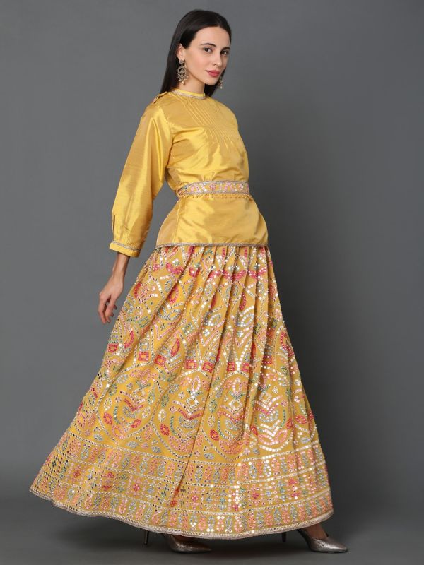 Yellow Dupion Fabric Top With Georgette Handwork Skirt With Cream Dupatta 