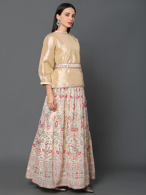 Cream Dupion Fabric Top With Georgette Handwork Skirt With Off White Dupatta 