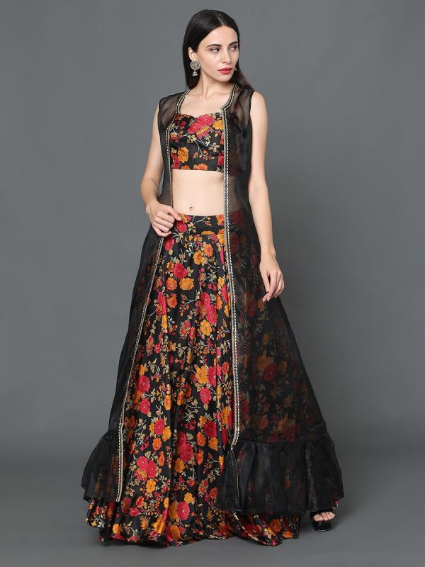 Black Color Floral Print Silk Fabric Skirt Top With Net Jacket