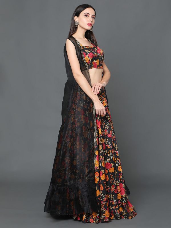 Black Color Floral Print Silk Fabric Skirt Top With Net Jacket