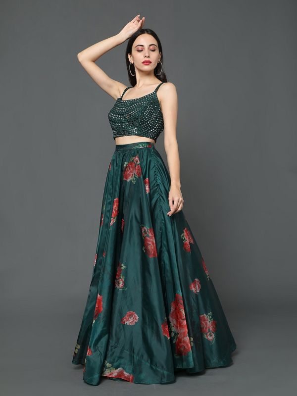 Green Color Floral Print Organza Fabric Skirt Top With Mirror Work Blouse