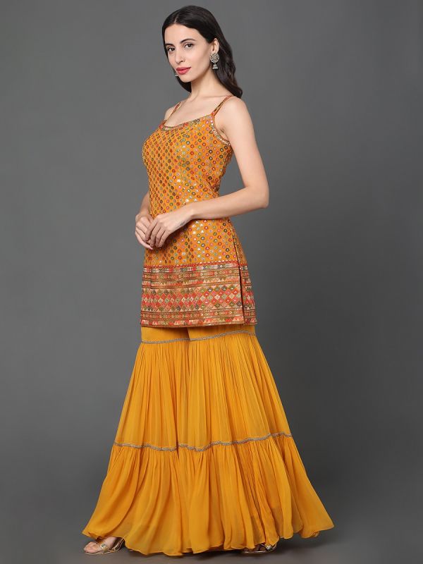 Yellow Georgette Fabric With Sequence And Thread Work Gharara Suit