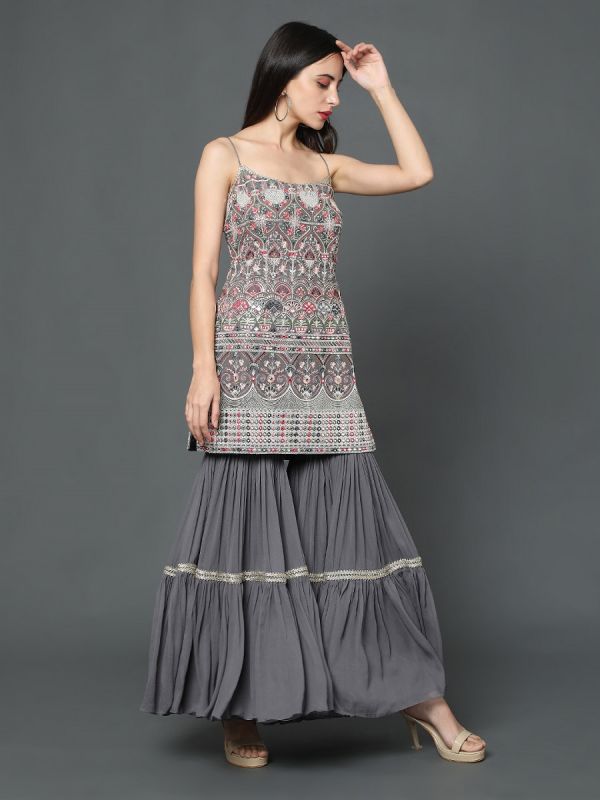 Grey Georgette Fabric With Mirror And Thread Work  Gharara Suit