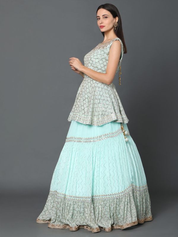 Mint Blue Georgette Fabric Skirt Top Along With White Dupatta