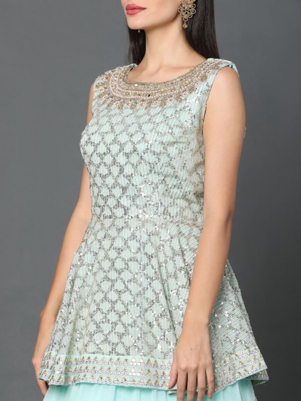 Mint Blue Georgette Fabric Skirt Top Along With White Dupatta
