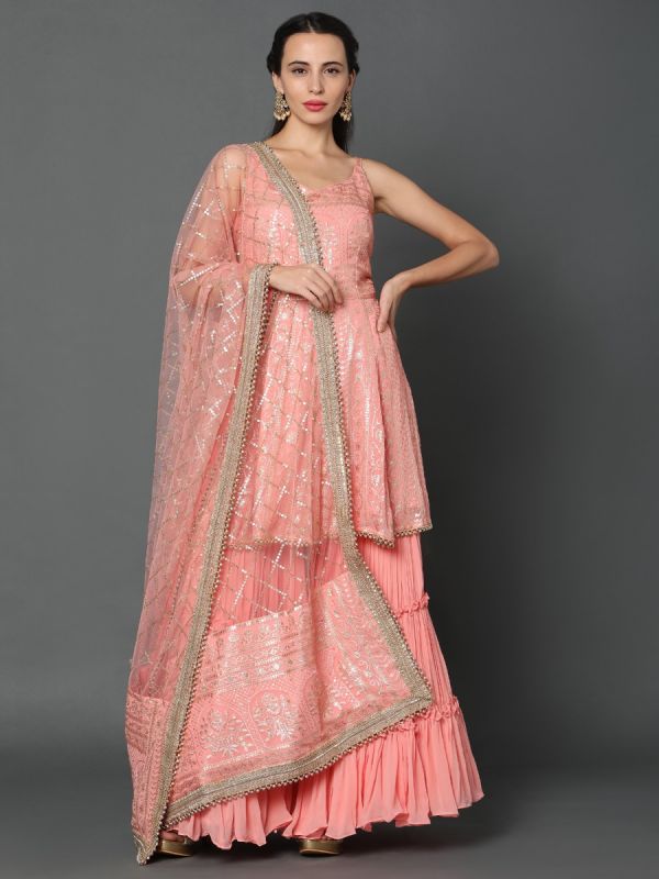 Candy Peach Georgette Fabric Gharara Suit With Dupatta 